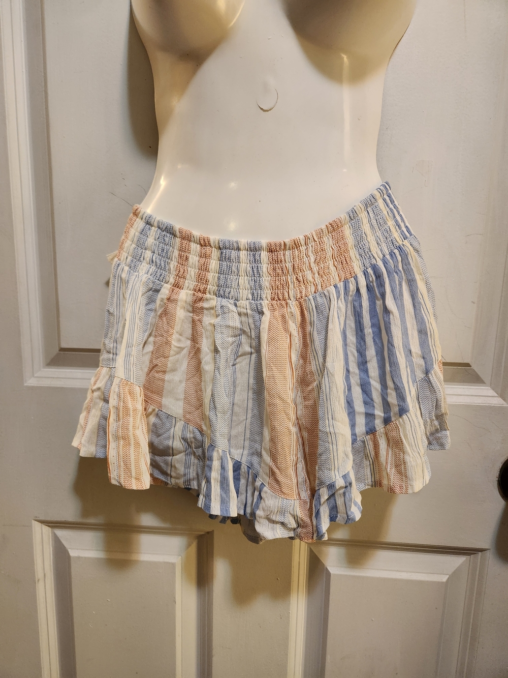 Striped Ruffle Beach Shorts in Blue, Cream & Tan